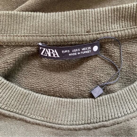 ZARA Graphic Crewneck Sweatshirt, quilted emrboidery, olive green, Size Small - Picture 5 of 7